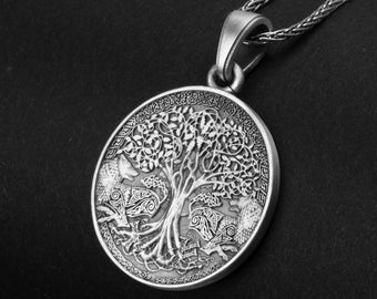 Yggdrasil Pendant, Norse Tree Life, Wolf Guardians, Viking Symbol, Mythical Necklace, Silver Talisman, Nordic Tradition