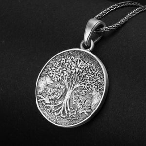 Yggdrasil Pendant, Norse Tree Life, Wolf Guardians, Viking Symbol, Mythical Necklace, Silver Talisman, Nordic Tradition