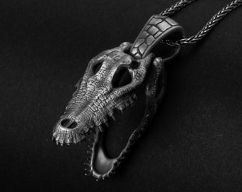 Crocodile Necklace, Skull Pendant, Reptile Jewelry, Alligator Charm, Fierce Accessory, Predator Design, Swamp Creature