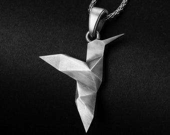 Origami Hummingbird, Bird Pendant, Unique Jewelry, Handmade Pendant, Hummingbird Charm, Silver Bird