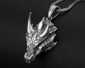 Sterling Silver Dragon Head Necklace, Gothic Fantasy Pendant