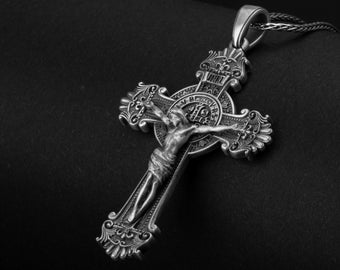 Sterling Cross, Jesus Crucifixion, St Benedict Medal, Religious Jewelry, Christian Symbol, Faith Accessory, Spiritual Pendant, Sacred Emblem