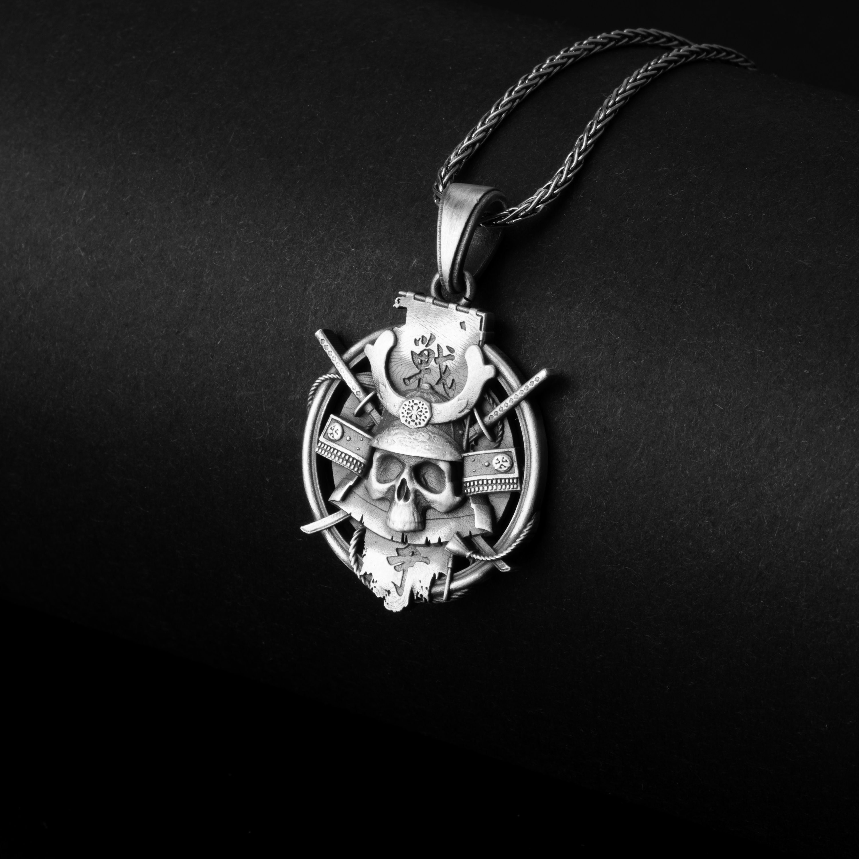 Samurai Skull, Shogun Necklace, Men's Samurai Gift, Crossed Katanas, Warrior Pendant, Japanese Design, Martial Arts