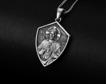 Sacred Heart Pendant, Jesus Heart Necklace, Christian Jewelry, Jesus Pendant, Prayer Necklace, Faith Accessory, Religious Gift