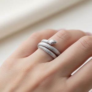 A close-up image of a person's hand wearing a silver ring with a snake design.