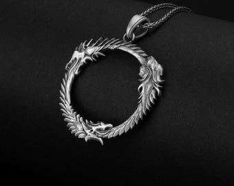 Ouroboros Dragon Pendant, Sterling Silver Elder Scrolls Charm, ESO Gaming Jewelry