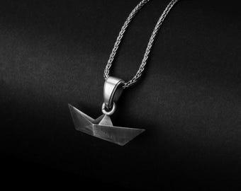 Origami Boat, Ship Pendant, Nautical Jewelry, Boat Necklace, Sailing Charm, Silver Boat, Handmade Jewelry