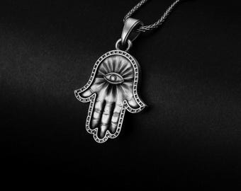 Colar Hamsa em Prata de Lei, Mão de Fátima, Amuleto de Proteção contra o Mau Olhado