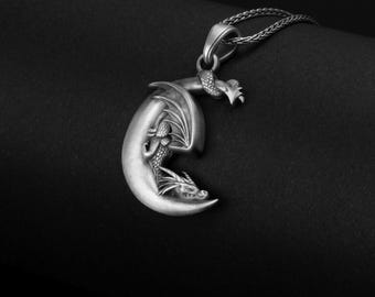 Sterling Silver Dragon Moon Necklace, Mythical Fantasy Pendant