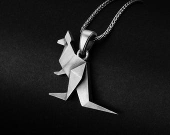 Canguru Origami, Tema Austrália, Colar de Animais, Pingente de Origami, Pingente Único, Canguru de Prata, Presente para Amantes de Animais