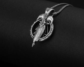 Ciondolo in argento sterling con i corvi di Odino, collana vichinga Valknut