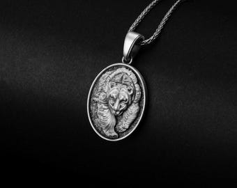 Pingente de urso, colar de urso, joias de animais, colar de natureza selvagem, presente para amantes do ar livre, joias masculinas, artesanato exclusivo