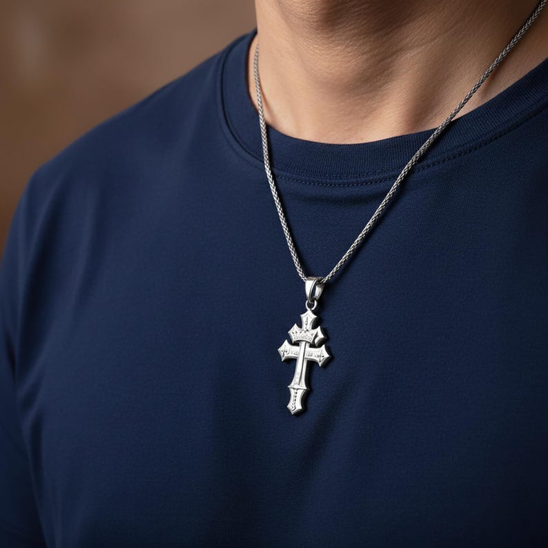 A silver cross pendant is worn on a person's neck, set against a navy blue shirt.