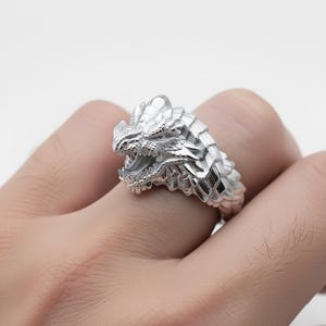 A close-up image of a person's hand wearing a silver dragon head ring.