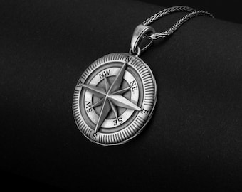 Sterlingzilveren kompasketting, poolsterhanger, gegraveerd amulet