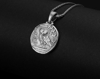 Collar de plata de ley con moneda de búho de Atenea, réplica del colgante de la antigua Grecia