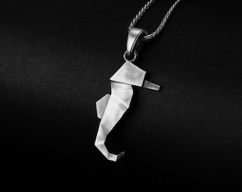 Origami Seahorse, Geometric Necklace, Minimalist Jewelry, Sea Life Pendant, Handcrafted Silver, Unisex Design, Ocean Lover Gift
