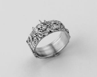 Sterling Silber Hannya Oni Ring, Japanische Noh Maske, Handgearbeitetes Band