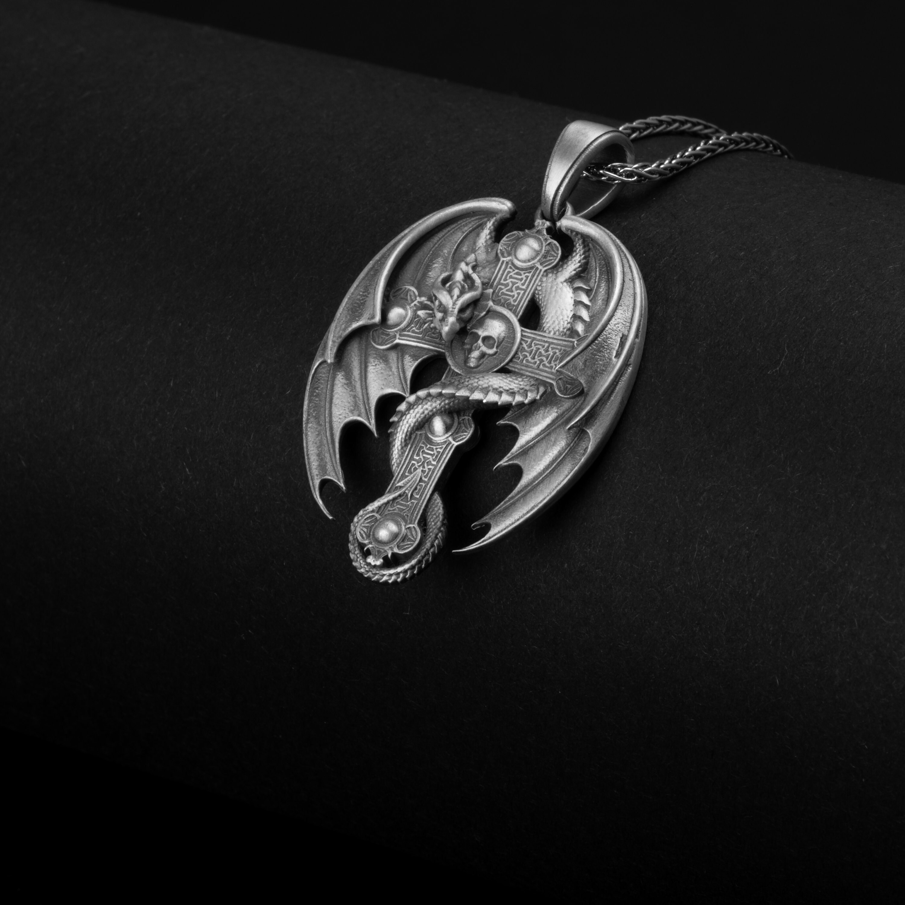 Gothic Cross Pendant, Dragon Cross, Memento Mori, Mythical Cross, Skull Center, Dark Fantasy, Mystic Jewelry, Edgy Fashion