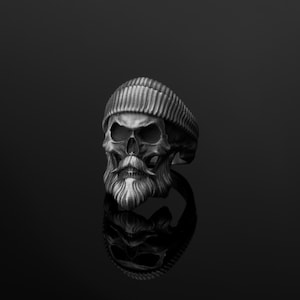 Beret Skull Ring, Mustache Skull, Bearded Skull, Silver Ring, Stylish Skull, Hipster Skull, Unique Jewelry, Whimsical Piece