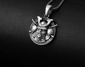 Samurai Helmet Pendant, Crossed Katanas, Japanese Warrior, Sterling Silver, Martial Art Jewelry, Bushido Necklace, Warrior Spirit