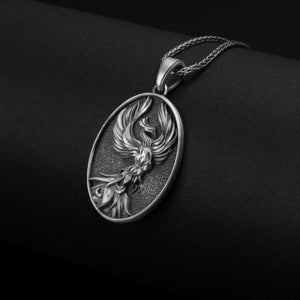 Phoenix Necklace, Firebird Charm, Oval Pendant, Personalized Gift, Mythical Bird, Rebirth Symbol, Custom Engraving