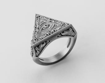 Illuminati Ring, Triangle Design, Eye of Providence, Mason Ring, Secret Society, All-Seeing Eye, Symbolic Jewelry, Accessory, Occult Ring