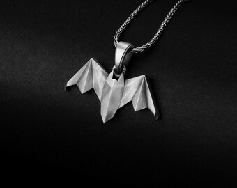 Origami Bat Pendant, Geometric Sterling Silver Necklace, Gothic Jewelry