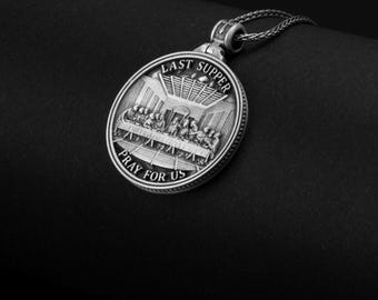 Last Supper Sterling Silver Pendant, Christian Religious Necklace