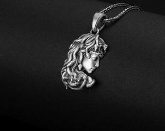 Sterling Silver Medusa Pendant, Gorgon Snake Hair, Greek Mythology Necklace