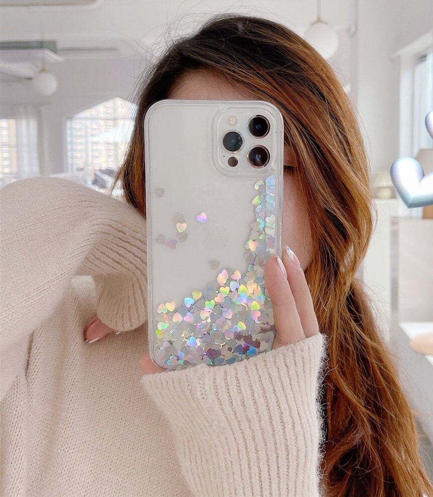 Square Glitter Colorful Hearts Phone Case With Pop Up Finger Ring