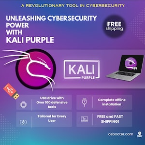 May include: An advertisement for Kali Purple cybersecurity tools. The image features a purple and white logo, a laptop, and a USB drive. Text includes "Unleashing Cybersecurity Power with Kali Purple" and "USB drive with over 100 defensive tools."