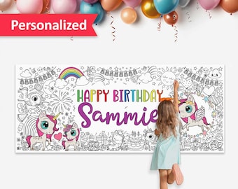 Giant Unicorn Coloring Poster Birthday Party Activity | Unicorn Party Game for Girls Theme Party | Rainbow Party Tablecloth | Personalized