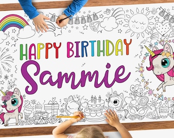 Personalized Unicorn Giant Coloring Poster | Gift for Girl | Unicorn Tablecloth Decoration for Girl Birthday Party | Rainbow Party Table