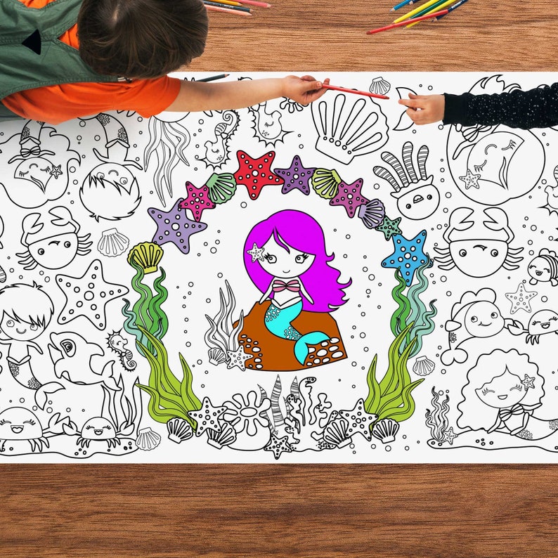 Mermaid Large Coloring Poster for Kids Coloring Activity Coloring ...