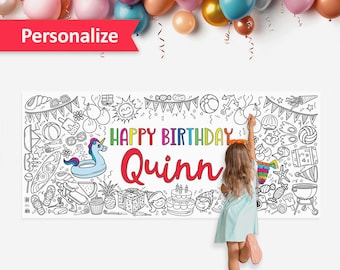 Personalized Summer Birthday Party Coloring Tablecloth: Giant Pool Party Poster