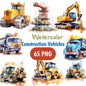 Aquarell Baustellenfahrzeug Clipart: Beton,Kipper, Bulldozer und Bagger Illustrationen für Kinder | Sofort Download