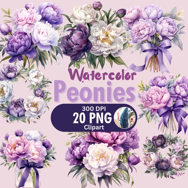 Beautiful Purple Peony Watercolor Clipart - Botanical PNG Files for Elegant Designs