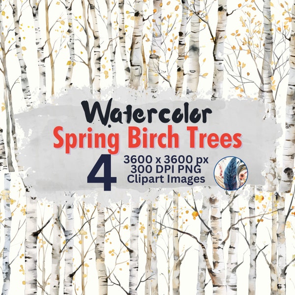 Watercolor Spring Birch Trees Clipart - Springtime Forest PNG - Set of 4 - Instant Download for Commercial Use