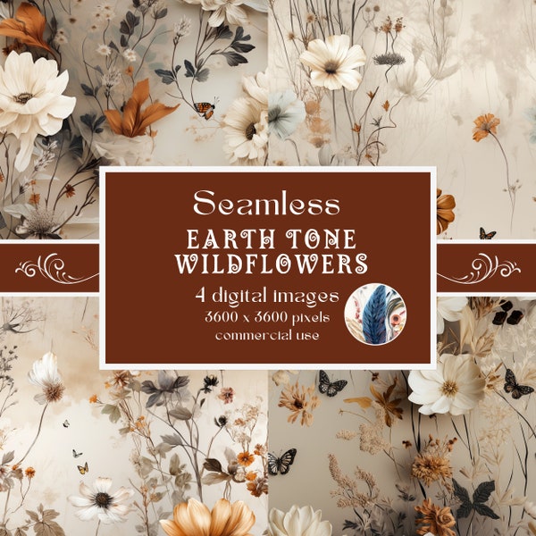 Wildflower Background Seamless Junk Journal Digital Paper - Gossamer Style, Dreamlike - Clipart, PNG, Summer/Fall Earth Tone Flowers