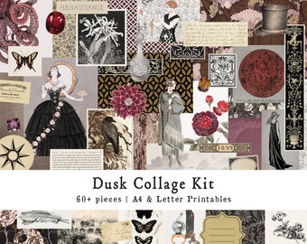 May include: A "Dusk Collage Kit" with vintage illustrations and ephemera. The design includes butterflies, flowers, women in vintage dresses, and a crow. The kit includes over 60 pieces and is available in A4 and Letter printables. The word "Renaissance" is also visible.