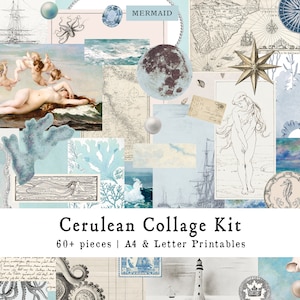 CERULEAN Vintage Collage Kit, Collage Sheet, Mermaid, Ocean, Sea, Shells, Printable, Junk Journal, Scrapbook, Ephemera, Fussy Cut, Digital