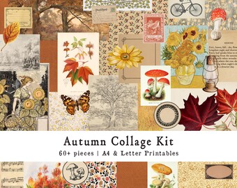 Puede incluir: Un kit de collage digital con más de 60 imágenes imprimibles con temática otoñal. Las imágenes incluyen hojas de otoño, setas, mariposas, girasoles e ilustraciones vintage. El kit está disponible en tamaños A4 y carta.