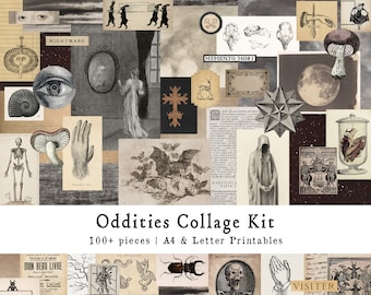 May include: A collage kit with over 100 printable pieces featuring a variety of vintage illustrations and images. The images include a skeleton, a bat, a mushroom, a cross, a deer, a skull, a hand, a star, a moon, and more. The kit is perfect for creating unique and spooky crafts.