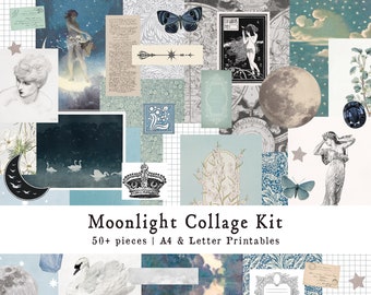 Vintage collagekit MAANLICHT, collageblad, maan, mystiek, hemels, afdrukbaar, ongewenste dagboek, plakboek, kortstondige, kieskeurige snit, digitaal