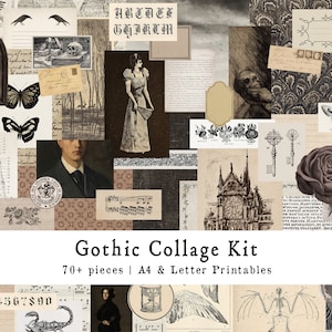 Op de afbeelding: Een digitale collagekit met meer dan 70 afdrukbare afbeeldingen in gotische stijl. De afbeeldingen omvatten een skelet, een roos, een sleutel, een schedel, een vlinder, een gotische kathedraal en een vrouw in een lange jurk. De kit is verkrijgbaar in A4- en letterformaat.
