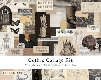 May include: A digital collage kit with over 70 printable images in gothic style. The images include a skeleton, a rose, a key, a skull, a butterfly, a gothic cathedral, and a woman in a long dress. The kit is available in A4 and letter sizes.