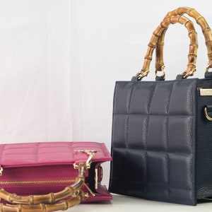 Top handle stylish Italian Handbag with matching pattern strap and bamboo handle. Genuine italian leather. image 3