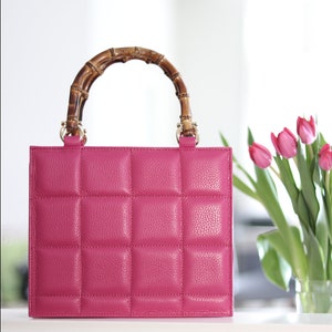 Top handle stylish Italian Handbag with matching pattern strap and bamboo handle. Genuine italian leather. image 2