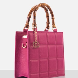 Top handle stylish Italian Handbag with matching pattern strap and bamboo handle. Genuine italian leather. image 5